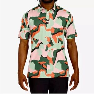 Bad Birdie Powell Polo Shirt Men's Small Green Orange Camouflage Pullover SRT651